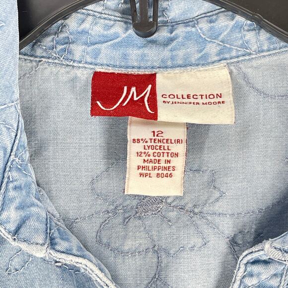 JM Collection Top Women 12 Blue Embroidery Floral Button Up Shirt Short Sleeve - Picture 3 of 5